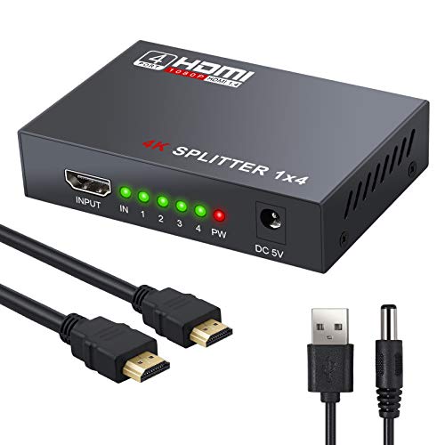 AUTOUTLET HDMI Splitter, Divisor HDMI 1 en 4 Salidas, Soporte 3D, con Cable HDMI de 1m, Compatible con resoluciones Full Ultra HD 1080P 4K / 2K y 3D con PC STB PS3 Reproductor de BLU-Ray Roku HDTV