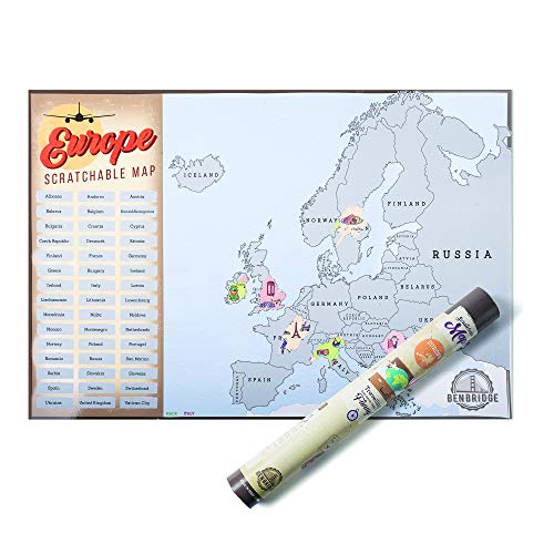 Benbridge - Mapa de Europa para raspar. Único mapa de raspar fabricado en Italia. Viaja y raspa los países que has visitado para configurar tu propio mapa de viajes