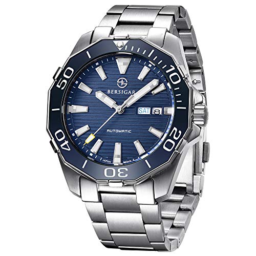 BERSIGAR BG-1617 Relojes automáticos de los Mejores Hombres - Reloj de Negocios Informal con Esfera Azul Impermeable para Hombres de Acero Inoxidable
