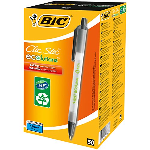 BIC Clic Stic ECOlutions bolígrafos Retráctiles punta media (1,0 mm) - Negro, Caja de 50 unidades (8806871)