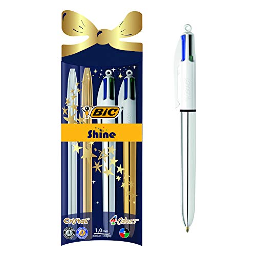 BIC Cristal Xmas Shine y BIC 4 colores Shine bolígrafos Navidad bolígrafos de punta media (1,0 mm) - colores Surtidos, Paquete de 4