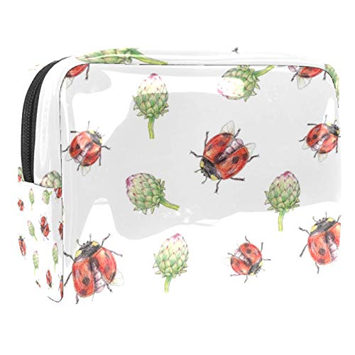 Bolsa de maquillaje de PVC con cremallera, bolsa de aseo impermeable con diseño de mariquita y flores para mujeres y niñas