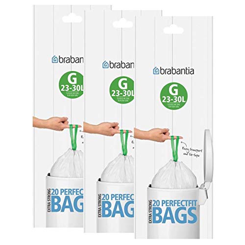Brabantia 246265 – Bolsas de basura, tamaño G, 30 l, 20 bolsas por rollo, 3 unidades, plástico, Blanco, G 30l
