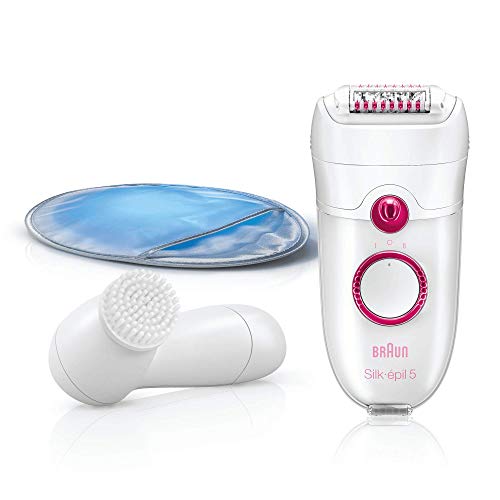 Braun Silk-épil 5 Power 5-329 - Pack con depiladora para mujer, 3 accesorios: masaje, guante de frío y cepillo limpiador facial, blanco/frambuesa