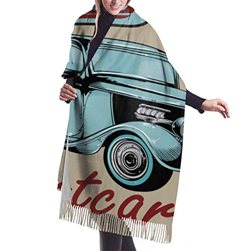 Bufanda Fringe Chal Mujer Auto deportivo antiguo de publicidad nostálgica en diseño de arte de colores oxidados retro Bufanda de invierno de Cálido Grueso Otoño Invierno