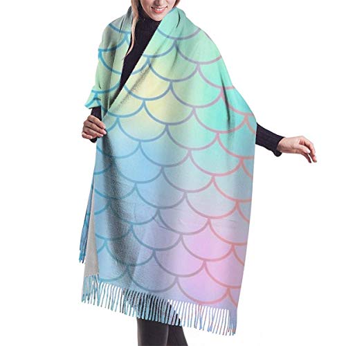 Bufanda larga de cachemira con cola de sirena mágica a escala de pez de colores, chal de pashmina, manta de estola, chal para vestidos de noche
