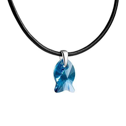 butterfly - collar de cuero para chicas, Elementos Swarovski azul, colgante con Pez 36-39 cm con una bolsa