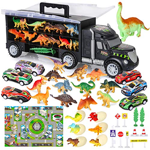 Camión Transportador de Dinosaurios incluir Huevos de Dinosaurio Juguetes Mini Coche de Carreras, Tapete de Juego, Las señales de Tráfico para Niños y Niñas