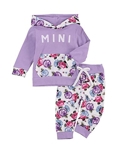 Carolilly 2 unidades de chándal de otoño para niña, sudadera con capucha de manga larga con estampado floral y letras + pantalones con corbata en la cintura de 0 – 2 años violeta 12-18 meses
