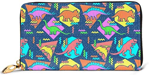 Cartera de cuero con diseño de dinosaurios de los años noventa para mujer con bloqueo RFID y cremallera alrededor de la cartera de cuero genuino para el embrague de la tarjeta, bolso de viaje
