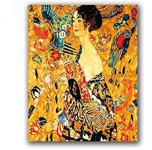 Colorear por números Mujer con ventilador Gustav Klimt Imagen Resumen Figura Pinturas Pintar por números con kits para decoración Hoom 40X50 CM,Con marco de madera,I