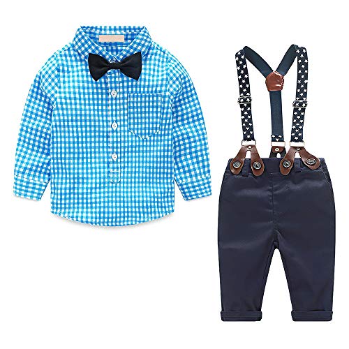 Conjunto de 4 Piezas de Esmoquin Formal Camisa Azul a Cuadros + pantalón para Boda y Bautizo y cumpleaños y Fiesta