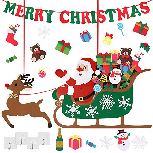 Conjunto de Decoraciones navideñas para niños, Fieltro de Bricolaje, Papá Noel en Trineo de Renos, Adornos con Pancarta de Feliz Navidad para Regalos de Fiesta de Navidad