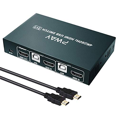 Conmutador KVM HDMI (2 puertos, 4 K a 60 Hz, USB 2.0, HDMI 2.0, KVM Switch 2 PC 1 monitor, 2 en 1, Hotkey Switch, YUV 4: 4: 4, Ultra HD, compatible con teclado y ratón inalámbricos, con cables