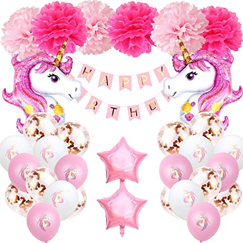 Decoración de globos de cumpleaños de unicornio niña,Conjunto de banner de feliz cumpleaños de Aivatoba con globos de unicornio rosa, pompones para fiesta de cumpleaños