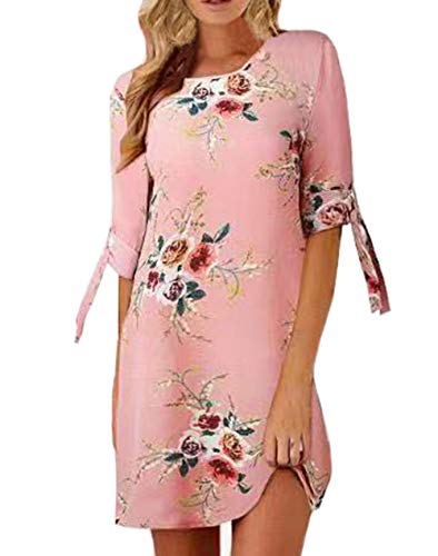 DELEY Mujeres Mini Vestido de Verano Floral Impreso Camiseta Túnicas Auto-Tie Medias Mangas Blusas Vestidos Rosa Talla M