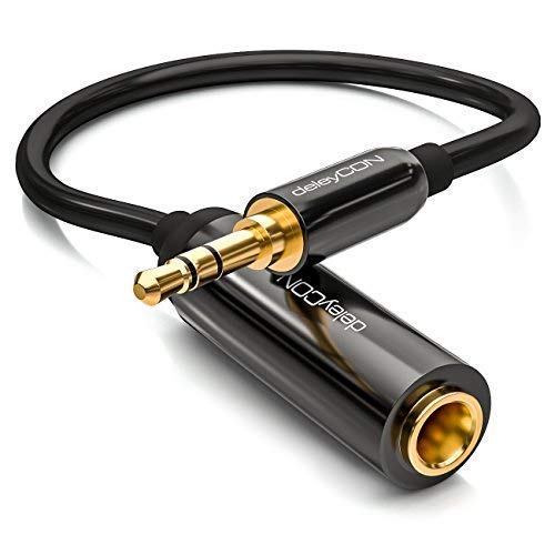 deleyCON 0,2m Cable Jack Adaptador de Audio Estéreo - Cable Jack de 3,5mm a Cable de Vídeo Jack de 6,3mm - Conector & Cable de Vídeo - Negro