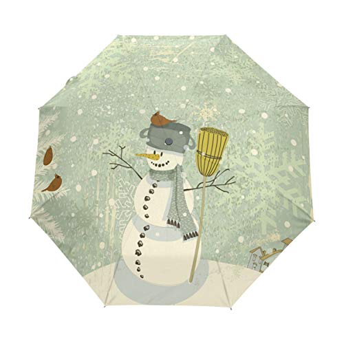 DEZIRO - Paraguas de Invierno con diseño de muñeco de Nieve y Texto Happy New Year, 3 Pliegues al Aire Libre, Apertura automática, Resistente al Viento y al Agua