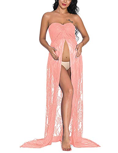 DISON Mujer Embarazada Encaje Vestido de Fiesta Largos con Aberturas,Premamá Faldas Fotografía,Foto Shoot Dress de Maternidad Rosa XL