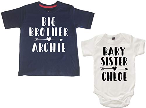 Edward Sinclair - Juego de camiseta y mono personalizables a juego con texto en inglés "Big Brother" y "Baby Sister"