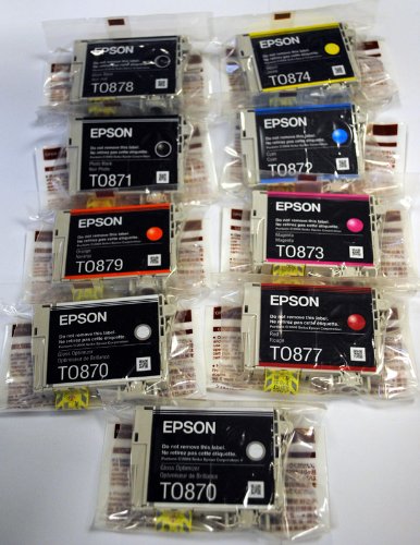 Epson T0870, T0871, T0878, T0872, T0873, T0874, T0877 y T0879 - Juego completo de cartuchos de tinta y optimizador del brillo para impresora Epson Photo Stylus R2400, 9 unidades, color negro para fotografía, negro mate, cian, magenta, amarillo, rojo y nar