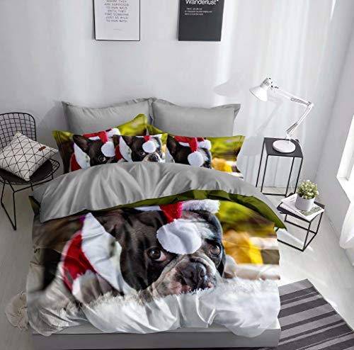 FEBE Juego de cama 3D con diseño de bulldog francés, funda nórdica de 135 x 200 cm y 80 x 80 cm, gorro de Navidad, doble cara, rojo, blanco y negro, con cierre