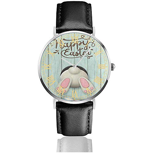 Happy Easter Egg Bunny Relojes de Madera para Hombre Bandas de Cuero Reloj de Cuarzo analógico Reloj