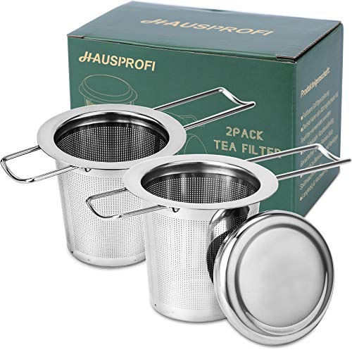 HAUSPROFI - Filtro de té y Tapa (304 Acero Inoxidable, para té Suelto, Mango Plegable, 2 Unidades)