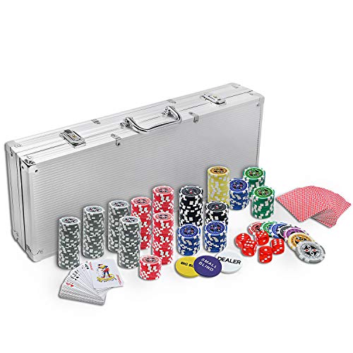 HENGMEI Set de póker Juego de póquer con 500 Chips Láser Aluminio 5 Dados, 2 Barajas de Cartas, 3 Ficha de Crupier, Color Plateado