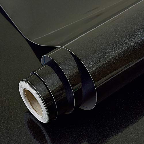 Hode Papel Adhesivo para Muebles Brillante Negro Vinilo Pegatina para Muebles Impermeable 30cm X 3m Decorativo Autoadhesivo Papel Pintado Cocina Baño Armario PVC