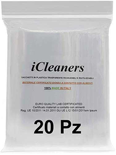 iCleaners Bolsas de plástico transparente fabricadas en Italia para alimentos con cierre a presión, reutilizables, muy resistentes, 100% fabricadas en Italia (35 x 45 cm, 20 unidades)