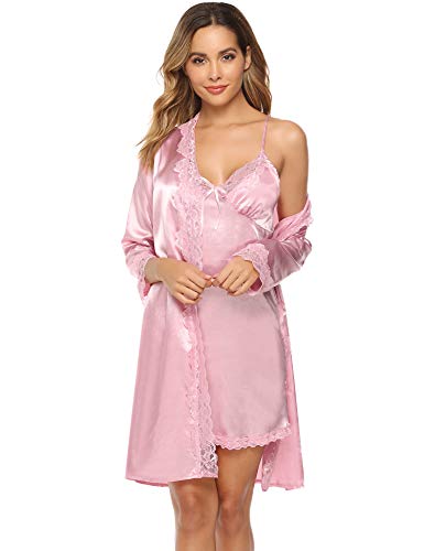 iClosam Batas y Kimonos Mujer Satén Encaje 2 Piezas,Camisón Satén Sexy Elegante Pijama Cortos para Mujer Novia Dama de Honor