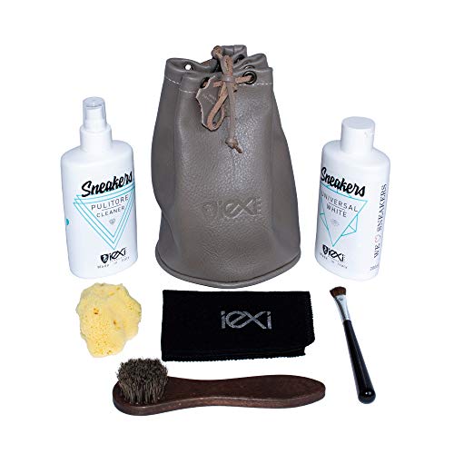 IEXI Sneakers Care Kit Set de 7 piezas de viaje o cubo de regalo para el cuidado Zapatillas en cuero y/o materiales mixtos que contienen Spray Cleaner Repair Bottle Brush Cloth Sponge Hecho en italia