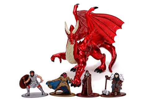 Jada Toys- Dragones y Mazmorras NanoFiguras 4cm, En Metal, Enano Clérigo, Elfo Rogue, Tiefling Paladin, Guerero Humano, Dragón Rojo, Ideal para Coleccionsimo