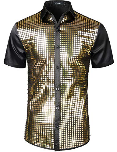 JOGAL Camisa de lentejuelas de los años 70 para hombre, manga corta, disfraz de discoteca negro y dorado L