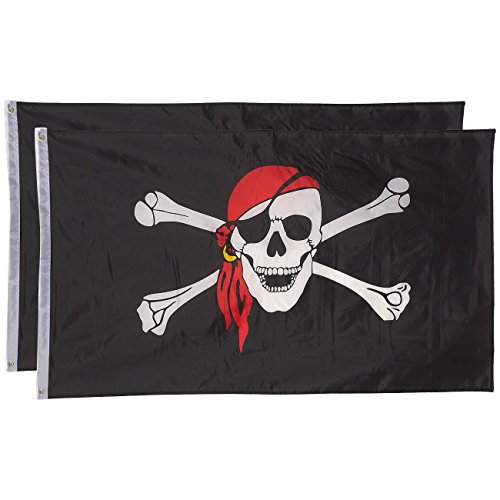 Juvale Banderas Piratas – Pack de 2 Banderas de Pirata Jolly Roger – Calavera y Huesos Cruzados con Bandana roja Fiestas Piratas – 3 x 5 pies Banderas con Ojales