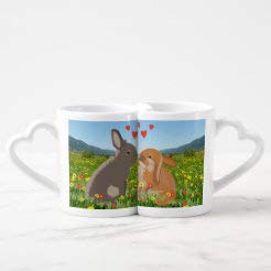 Kissing Bunnies Lovers Nesting Coffee Mug Set, 2 Pack Heart Handle Coffee Mugs Tea Cups Gift For Men Women Couples