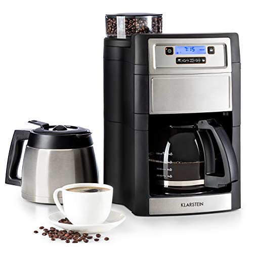 Klarstein Aromatica II Duo - Máquina de café con molinillo cónico, 5 niveles, Jarra de cristal 1,25 L, Temporizador 24h, Filtro de carbón activo, Potencia 1000 W, Antigoteo, Display LED, Plateado