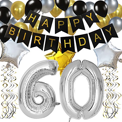KUNGYO Clásico Decoración de Cumpleaños -“Happy Birthday” Bandera Negro;Número 60 Globo;Balloon de Látex&Estrella, Colgando Remolinos Partido para el Cumpleaños de 60 Años