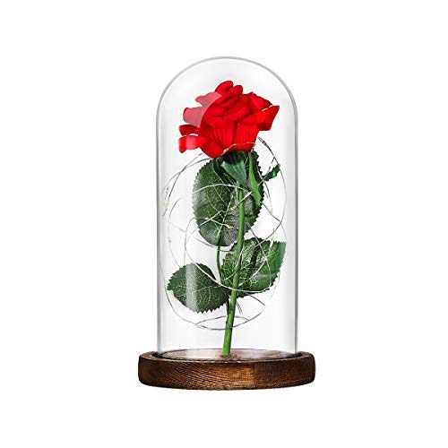 Lámpara de Mesa LED Rosa de Seda Roja y Luz con Pétalos Caídos en Cúpula de Cristal Sobre Base de Dia de la madre Madera Valentín