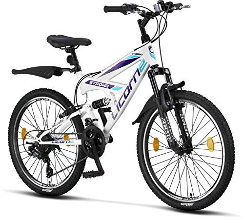 Licorne Strong Bike - Bicicleta de montaña prémium de 26 pulgadas, para niños, niñas, mujeres y hombres, cambio Shimano de 21 velocidades, suspensión completa, Niñas, blanco/morado, 24 Pulgadas