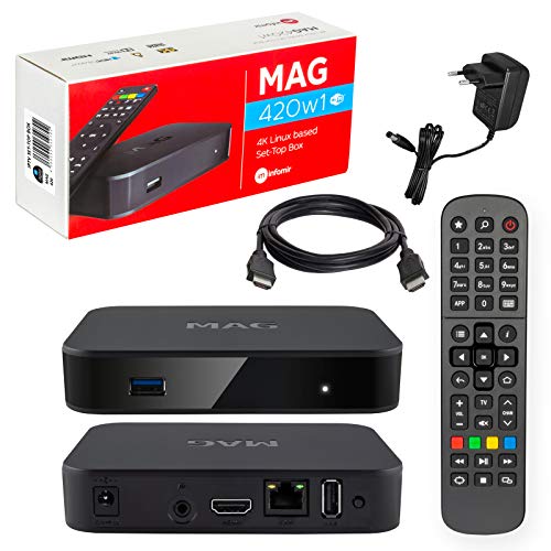 MAG 420W1 Original Infomir & HB-DIGITAL 4K IPTV Set Top Box Multimedia Player Internet Receiver # 4K UHD 60FPS 2160p@60 FPS HDMI 2.0 # HEVC H.256 Apoyo # Arm Cortex-A53 # WiFi (802.11n) + HDMI Cable