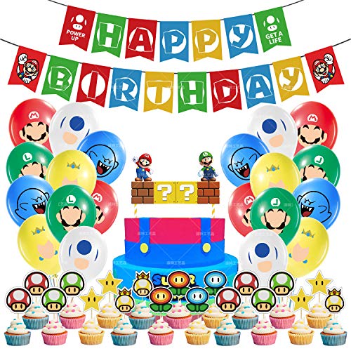 Mario Party Supplies 47 piezas - Banner de feliz cumpleaños, globos de cumpleaños de Super Mario Bros y adornos para cupcakes, kit de decoración de fiesta de Mario