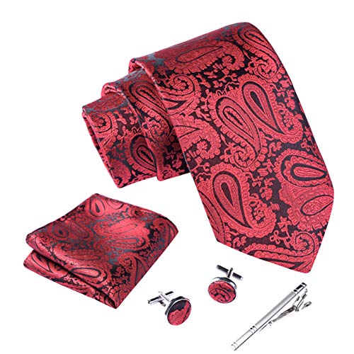 Massi Morino ® Set de corbata (caja regalo para hombres) Corbatas de hombre y pañuelos + gemelos + clip de corbata (Paisley rojo)