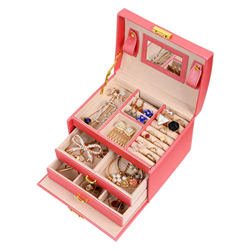 Meerveil Caja Joyero, Joyeros Mujer Organizador Caja para Joyerías con Espejo y 3 Cajones Cuero PU 17.5 * 14 * 13cm