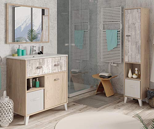 Miroytengo Pack mobiliario baño Anle Color Roble y Collage (Mueble baño+Espejo+Columna+Lavamanos cerámica)
