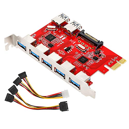 MoKo 7 Puertos de PCI Adaptador de Tarjeta de Expansión USB 3.0, Incluye 5 Externos y 2 Internas, 15 Clavijas de Conector, Compatible para Windows XP/Vista / 7/8 / 10 - Rojo + Plateado