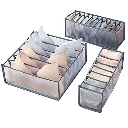 MQDL Dresser Drawer Storage Organizer For Undergarments,Foldable Cloth Storage Box Closet Dresser Drawer Divider Organizer Basket Bins For Underwear Bras Sock (Gray, 3pcs 6+7+11 Grid)