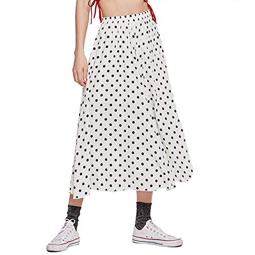 MUCOO Falda de mujer con cintura elástica floral lunares casual plisada falda midi con bolsillos