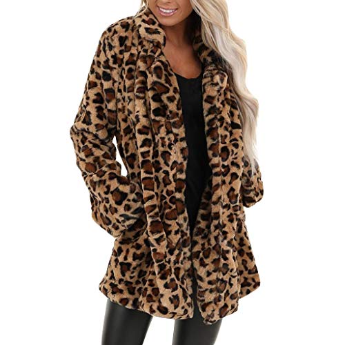 N/ Chaqueta de Bolsillo de Piel sintética de Leopardo para Mujer Invierno cálido y difuso de Gran tamaño Outwear Abrigo Largo Talla Grande cárdigan Mujer Invierno largas